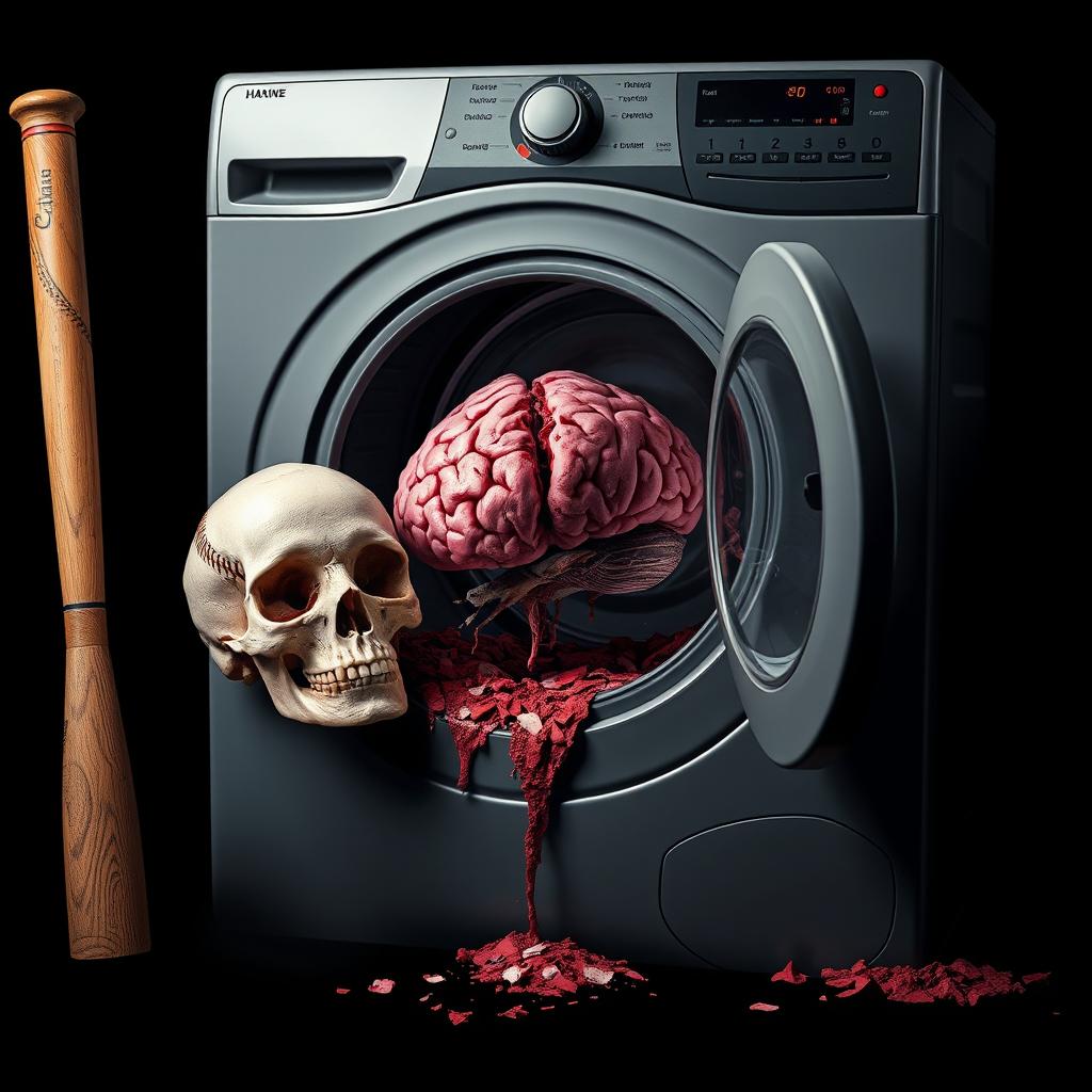 An unusual and striking composition featuring a baseball bat, a detailed skull, and a vividly depicted smashed brain inside a washing machine, all set against a deep black background