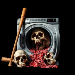 An intriguing and macabre scene featuring a baseball bat, a detailed skull, and a vividly depicted smashed brain inside a washing machine, all set against a stark black background