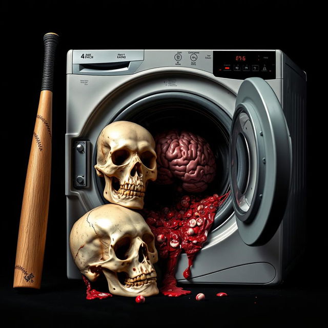 An intriguing and macabre scene featuring a baseball bat, a detailed skull, and a vividly depicted smashed brain inside a washing machine, all set against a stark black background