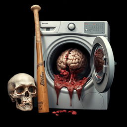 An intriguing and macabre scene featuring a baseball bat, a detailed skull, and a vividly depicted smashed brain inside a washing machine, all set against a stark black background