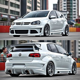 A 2008 Volkswagen R32 with an aggressive body kit, shown in front and back views