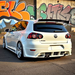 A 2008 Volkswagen R32, 2-door model, featuring an aggressive body kit in a striking glossy white finish