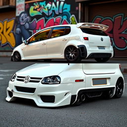 A 2008 Volkswagen R32, 2-door model, featuring an aggressive body kit in a striking glossy white finish