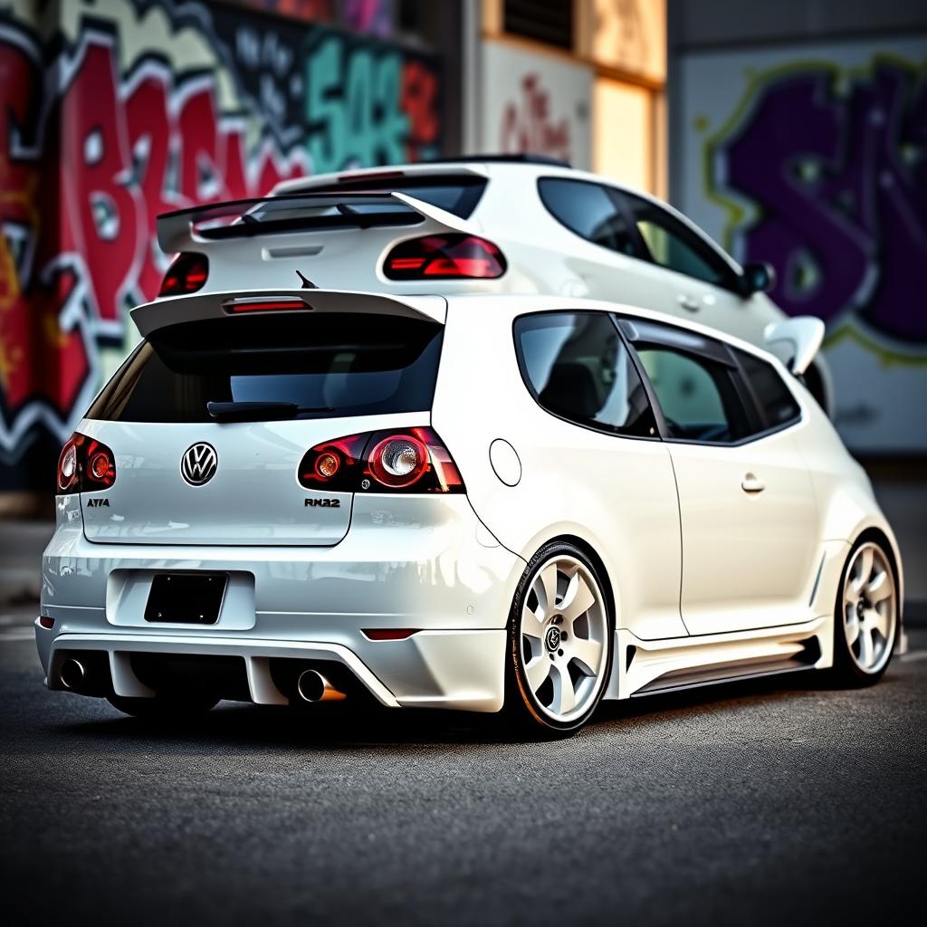 A 2008 Volkswagen R32, 2-door model, featuring an aggressive body kit in a striking glossy white finish