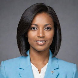 A pretty young woman with neat, straight, mid-length hair cut short in black. She has light tan skin, an average build and stands shorter than average height. Her face is adorned by foxy brown eyes and a pointy nose. She's dressed in a light blue university blazer uniform.