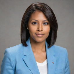 A pretty young woman with neat, straight, mid-length hair cut short in black. She has light tan skin, an average build and stands shorter than average height. Her face is adorned by foxy brown eyes and a pointy nose. She's dressed in a light blue university blazer uniform.