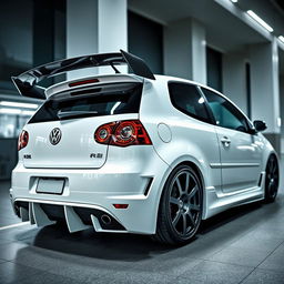 A 2008 Volkswagen R32, 2-door model, featuring an aggressive body kit in a pristine glossy white finish