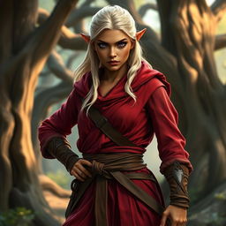 A tough female wood elf monk with light blond hair and bronze skin, exuding strength and resilience in a mystical woodland setting