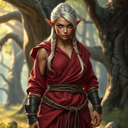 A tough female wood elf monk with light blond hair and bronze skin, exuding strength and resilience in a mystical woodland setting