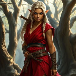 A tough female wood elf monk with light blond hair and bronze skin, exuding strength and resilience in a mystical woodland setting