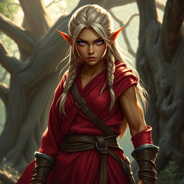 A tough female wood elf monk with light blond hair and bronze skin, exuding strength and resilience in a mystical woodland setting