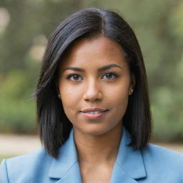 A pretty young woman with neat, straight, mid-length hair cut short in black. She has light tan skin, an average build and stands shorter than average height. Her face is adorned by foxy brown eyes and a pointy nose. She's dressed in a light blue university blazer uniform.