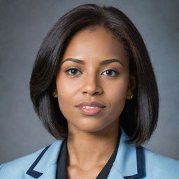 A pretty young woman with neat, straight, mid-length hair cut short in black. She has light tan skin, an average build and stands shorter than average height. Her face is adorned by foxy brown eyes and a pointy nose. She's dressed in a light blue university blazer uniform.