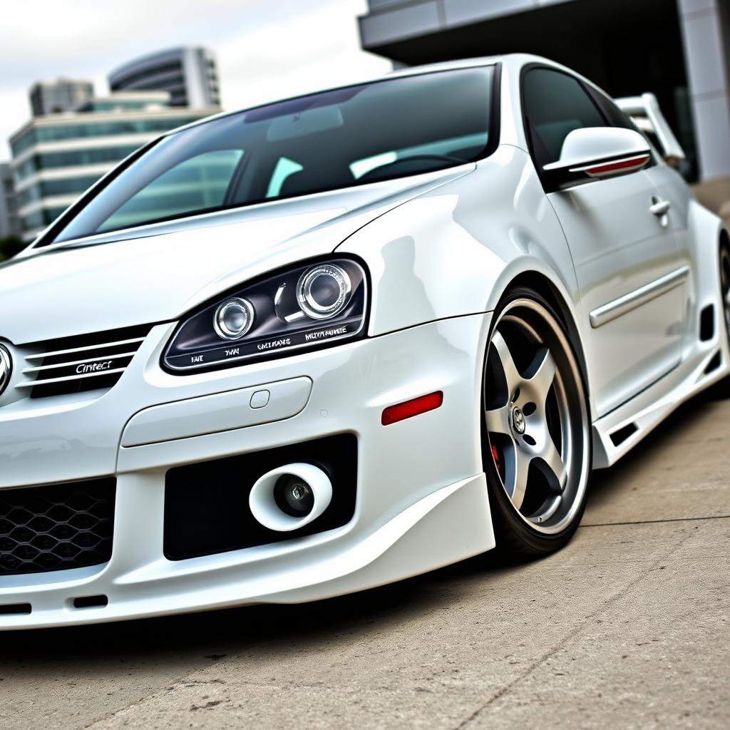 A 2008 Volkswagen R32, 2-door model, featuring an aggressive body kit in a stunning glossy white finish