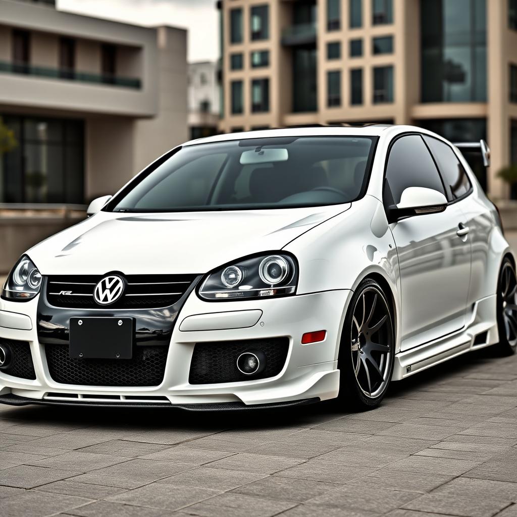 A 2008 Volkswagen R32, 2-door model, featuring an aggressive body kit in a stunning glossy white finish