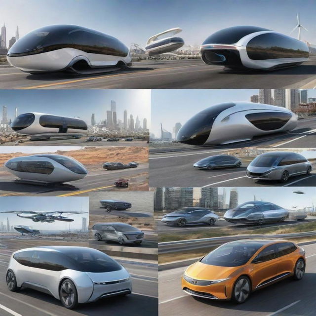 Modes of transportation in the year 2522, showcasing futuristic design, advanced technology, sustainable fuel sources, and innovative traffic patterns