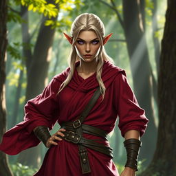 A tough female wood elf monk with light blond hair and bronze skin, exuding strength and confidence in a magical forest setting