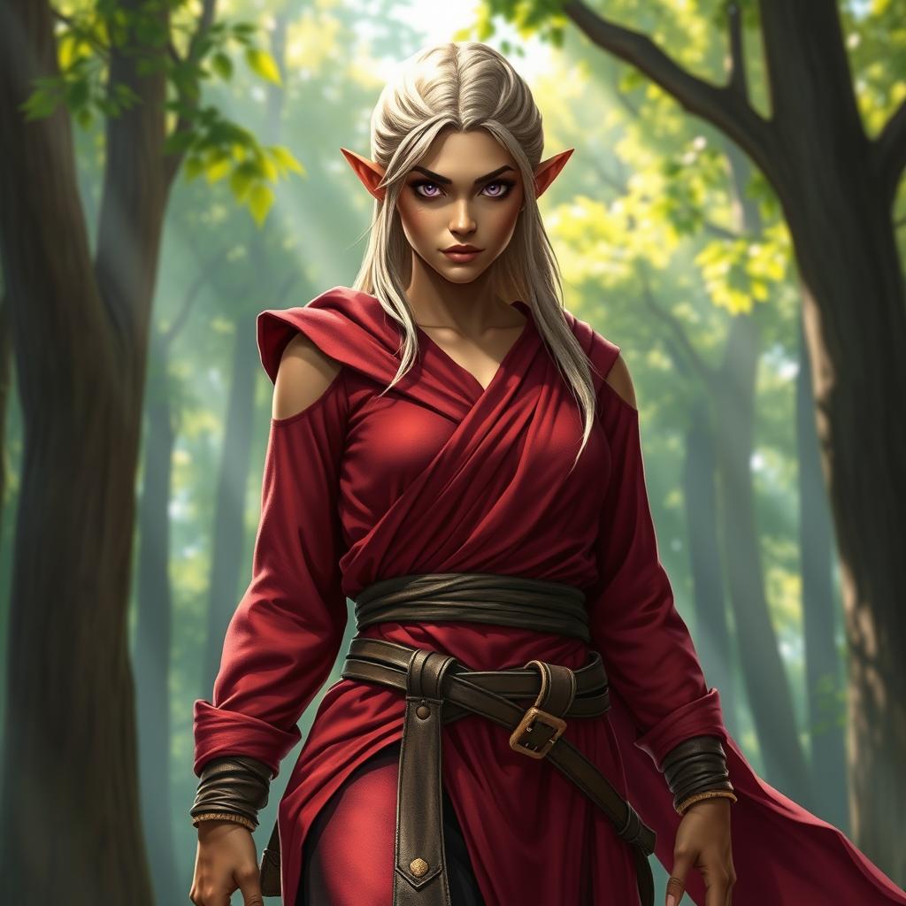 A tough female wood elf monk with light blond hair and bronze skin, exuding strength and confidence in a magical forest setting