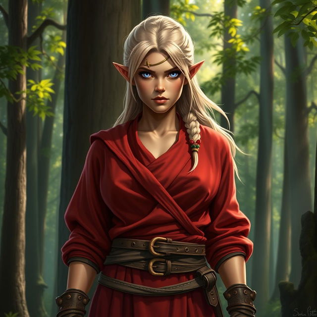 A tough female wood elf monk with light blond hair and bronze skin, exuding strength and confidence in a magical forest setting