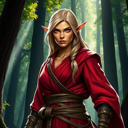 A tough female wood elf monk with light blond hair and bronze skin, exuding strength and confidence in a magical forest setting