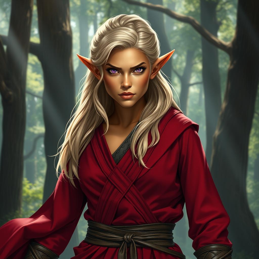 A tough female wood elf monk, showcasing her strength and resilience in an enchanted forest