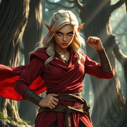 A tough female wood elf monk, showcasing her strength and resilience in an enchanted forest