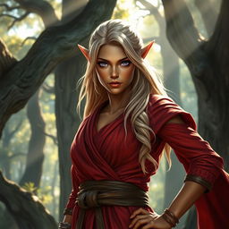 A tough female wood elf monk, showcasing her strength and resilience in an enchanted forest