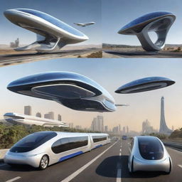 Modes of transportation in the year 2522, showcasing futuristic design, advanced technology, sustainable fuel sources, and innovative traffic patterns