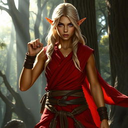 A tough female wood elf monk, showcasing her strength and resilience in an enchanted forest