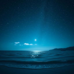 A stunning night scene featuring a starry sky above a calm sea