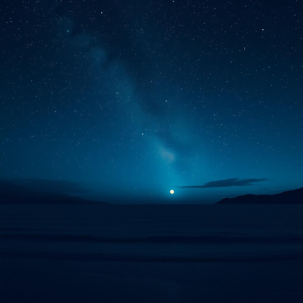 A stunning night scene featuring a starry sky above a calm sea