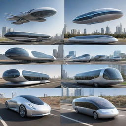 Modes of transportation in the year 2522, showcasing futuristic design, advanced technology, sustainable fuel sources, and innovative traffic patterns