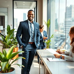 A professional business setting portraying a successful entrepreneur, John Adeife, in his modern office