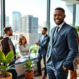 A professional business setting portraying a successful entrepreneur, John Adeife, in his modern office