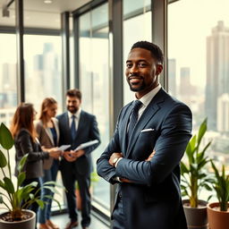 A professional business setting portraying a successful entrepreneur, John Adeife, in his modern office