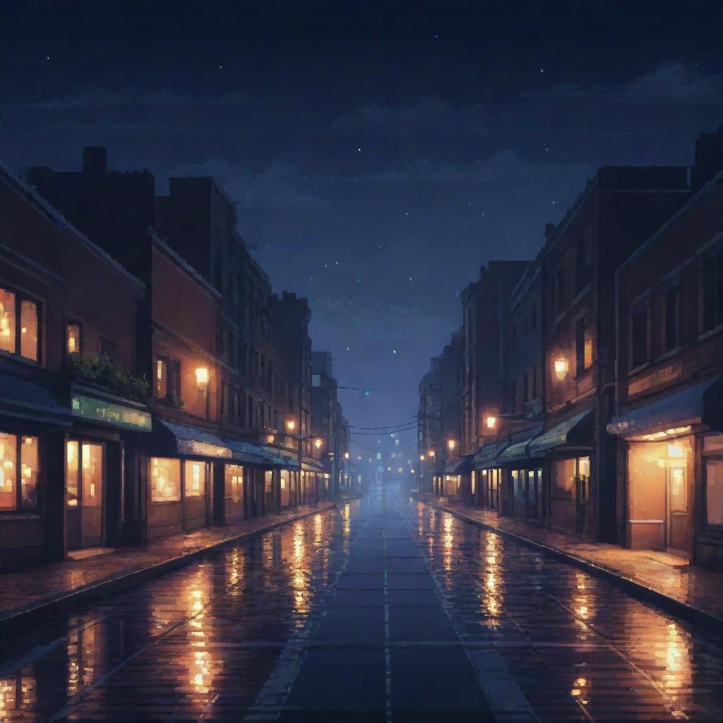 Pixel art of a tranquil midnight cityscape, bathed in the soft glow of street lights, inviting a serene, vibey ambiance.