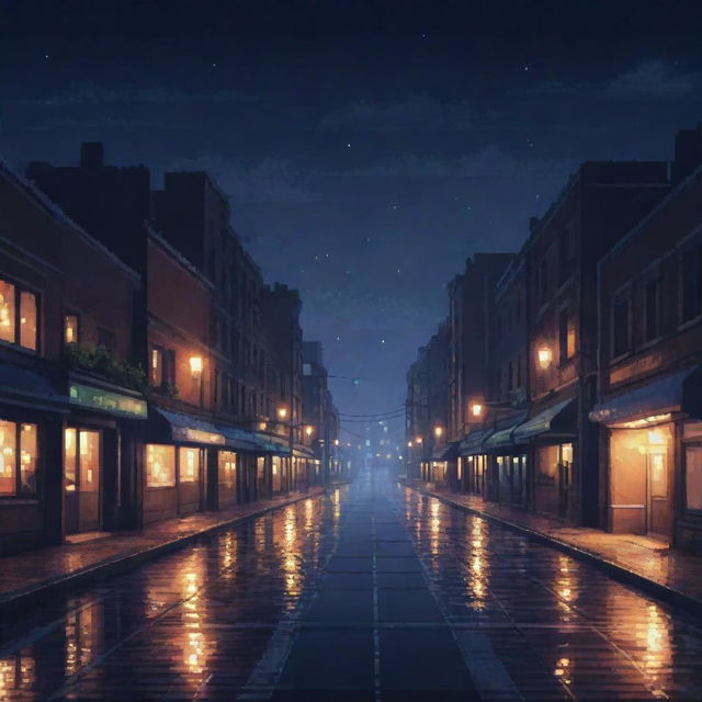 Pixel art of a tranquil midnight cityscape, bathed in the soft glow of street lights, inviting a serene, vibey ambiance.