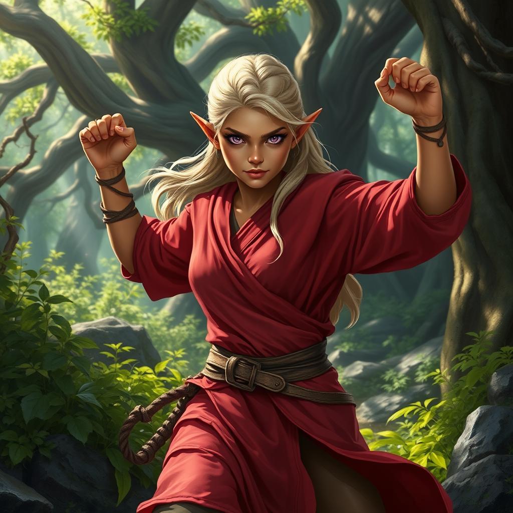 A tough female wood elf monk with light blond hair and glowing bronze skin, showcasing her strength and agility in an enchanted forest