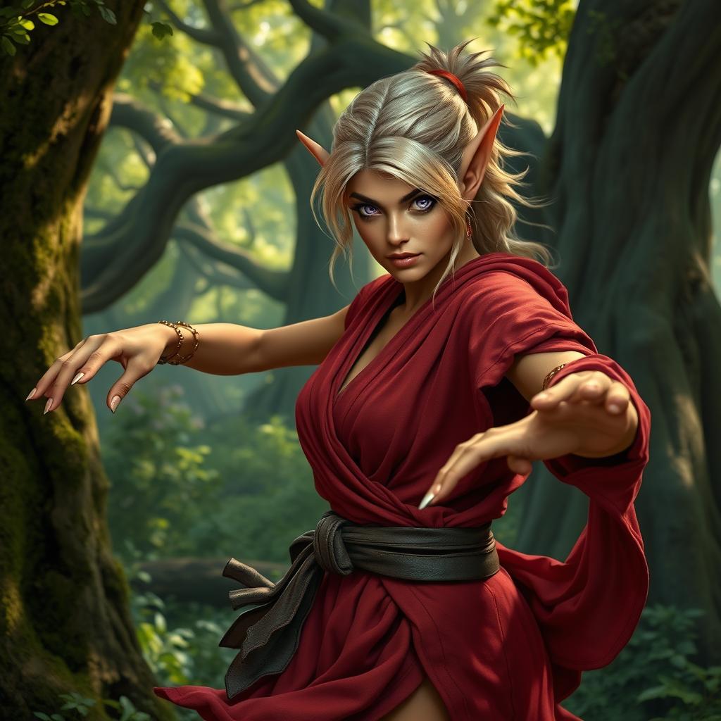 A tough female wood elf monk with light blond hair and glowing bronze skin, showcasing her strength and agility in an enchanted forest