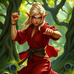 A tough female wood elf monk with light blond hair and glowing bronze skin, showcasing her strength and agility in an enchanted forest