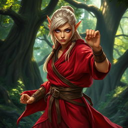 A tough female wood elf monk with light blond hair and glowing bronze skin, showcasing her strength and agility in an enchanted forest