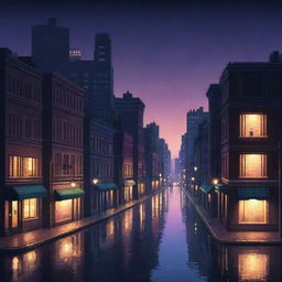 Pixel art of a tranquil midnight cityscape, bathed in the soft glow of street lights, inviting a serene, vibey ambiance.