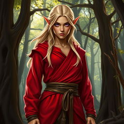 A tough female wood elf monk standing proud in a mystical forest