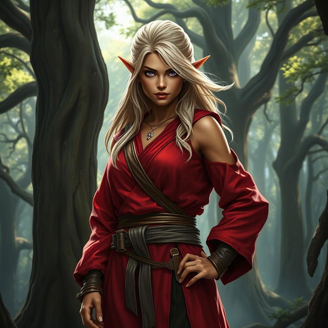 A tough female wood elf monk standing proud in a mystical forest