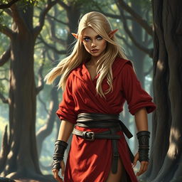 A tough female wood elf monk standing proud in a mystical forest