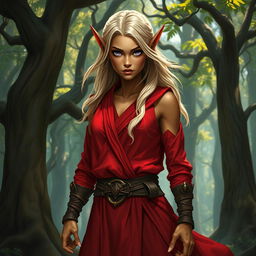 A tough female wood elf monk standing proud in a mystical forest