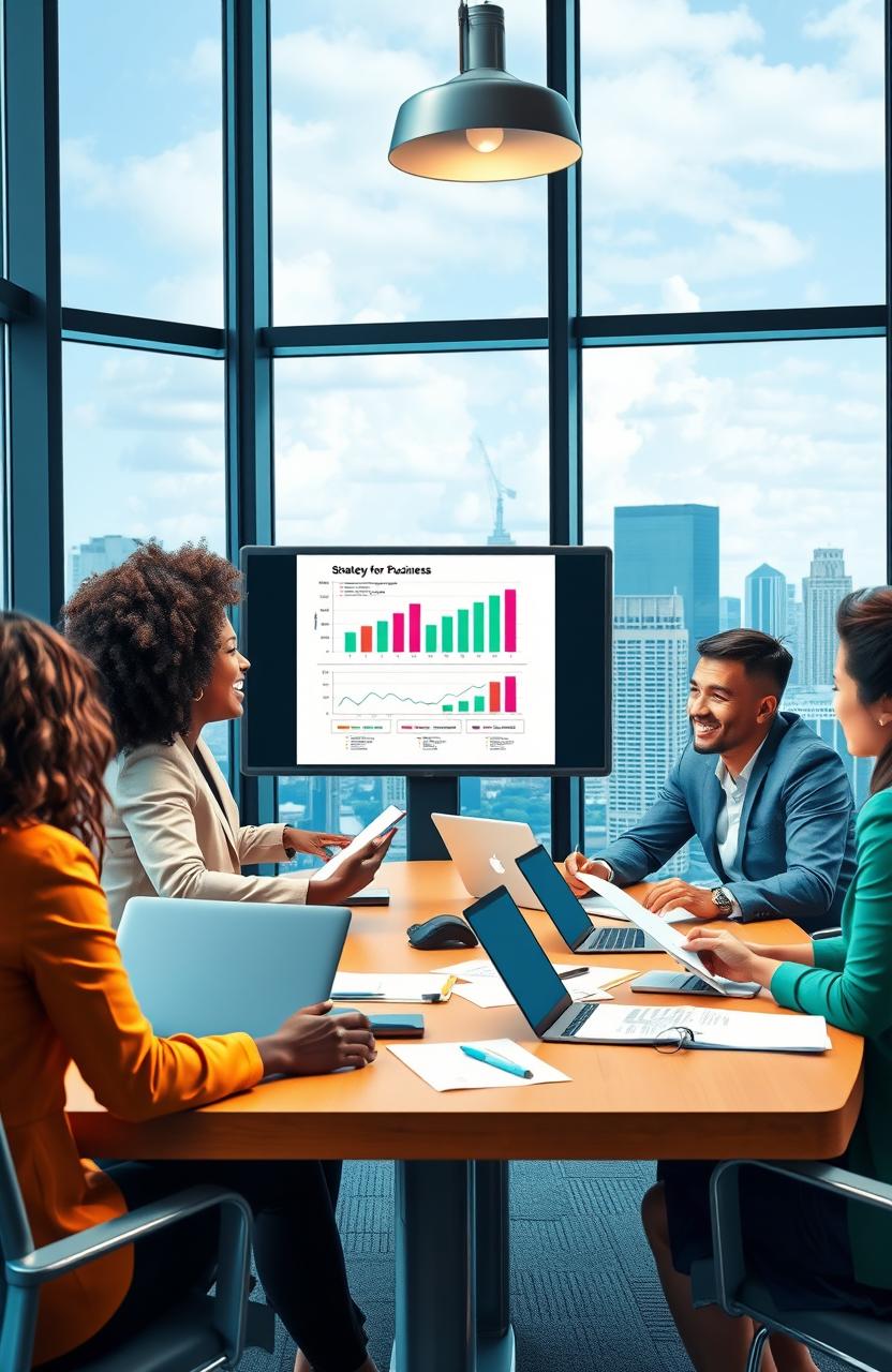 A professional business setting highlighting a diverse team in a meeting room, discussing strategies for business success