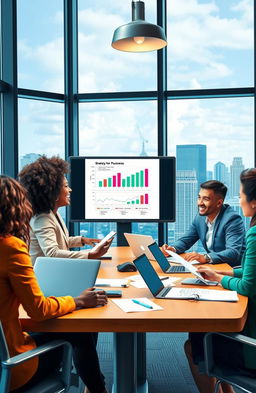 A professional business setting highlighting a diverse team in a meeting room, discussing strategies for business success