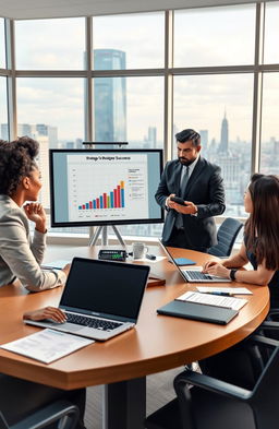 A professional business setting highlighting a diverse team in a meeting room, discussing strategies for business success