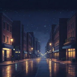 Pixel art of a tranquil midnight cityscape, bathed in the soft glow of street lights, inviting a serene, vibey ambiance.